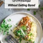 A cooked omelet on a white plate garnished with microgreens, next to a spatula, with text overlay about omelet recipes.