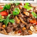 A bowl of rice topped with a beef and vegetable stir-fry, garnished with cilantro and peanuts. Text reads: "13 One-Pot Dinners That Make Weeknights Easy.