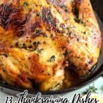 A roasted whole chicken with herbs in a cast iron skillet, with the text "13 Thanksgiving Dishes That Deserve the Main Stage" overlaid at the bottom.