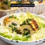 Two pieces of chicken casserole stuffed with spinach and cheese are served on a bed of lettuce, with a casserole dish in the background. Text overlay reads, "14 Chicken Casseroles That Make Easy Dinner Family Meals.