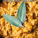 Close-up of a bowl of creamy risotto garnished with two fresh sage leaves, with text overlay reading "14 Gluten-Free Meals That Still Bring All The Flavor.