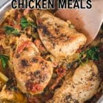 A skillet contains three seasoned chicken breasts cooked with vegetables and herbs; text reads “14 Low-Carb Chicken Meals.”.