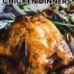 A roasted whole chicken on a platter with herbs and vegetables, accompanied by the text "14 One-Pot Chicken Dinners" at the top.