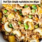 A bowl of rice mixed with chicken, peas, diced vegetables, cashews, and green onions. Text reads: "14 Rice Bowls That Turn Simple Ingredients Into Magic.