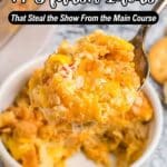 A close-up of a serving spoon holding a cheesy baked squash casserole above a white dish, with text promoting squash recipe ideas.