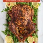 A roasted whole turkey on a platter garnished with lemon slices, herbs, and cranberries, with text promoting turkey recipes for effortless cooking.