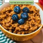 A bowl of vegan oatmeal topped with fresh blueberries sits on a wooden surface next to a green-striped cloth. Text reads "14 Vegan Recipes That Feel Both Hearty and Fresh.
