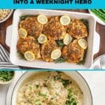 A baked chicken thigh dish with lemon slices and herbs, and a creamy chicken thigh skillet dish, both shown from above with text promoting chicken thigh recipes.