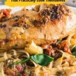 A plate of pasta topped with chicken breast, spinach, and sun-dried tomatoes, with text reading "15 1-Pot Meals That Practically Cook Themselves.