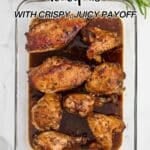 A glass baking dish filled with baked chicken pieces in a dark sauce, with text promoting 15 baked chicken recipes.