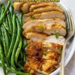 Sliced grilled chicken breast and sautéed green beans on a white plate with a fork; text overlay reads "15 Blackstone Recipes That Bring the Heat.