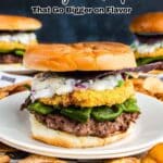 A burger with fried green tomato, lettuce, and sauce on a bun sits on a white plate with chips; text reads “15 Burger Recipes That Go Bigger on Flavor.”.