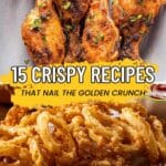 A plate of seasoned fried chicken drumsticks and a pile of crispy fried onion rings with text promoting 15 crispy recipes from Southern Food and Fun.