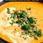 A bowl of creamy orange curry soup topped with pumpkin seeds and fresh herbs, with text promoting 15 curry recipes.