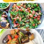 Two eggplant dishes are shown: a colorful salad with tomatoes and peppers in a bowl, and a plate of eggplant and vegetables served with rice.