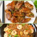 A plate of glazed chicken wings garnished with sesame seeds and green onions above a bowl of shrimp stir-fry with noodles and vegetables; text reads "15 Gluten-Free Recipes.