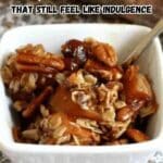 A white bowl filled with a gluten-free dessert containing nuts and oats, with a spoon resting inside. Text reads, “15 Gluten-Free Treats That Still Feel Like Indulgence.”.