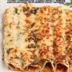 A plate of baked enchiladas covered in melted cheese and herbs, with text overlay reading "16 Air Fryer Ideas That Bring the Heat and Crispy.