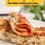 Two rolled, baked wraps with a golden, crispy herb crust and visible pepperoni slices on a white plate, accompanied by text promoting air fryer recipe ideas.