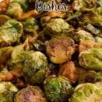 Close-up of roasted Brussels sprouts with text overlay that reads "16 Brussels Sprouts Dishes" and the website "southernfoodandfun.com" at the bottom.
