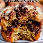 A close-up of a cinnamon muffin with a bite taken out, showing a moist, cinnamon-swirled interior; text overlay reads “17 Cinnamon Recipes That Smell Like Pure Comfort.”.