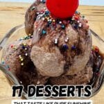 A glass dish with three scoops of chocolate ice cream topped with colorful sprinkles and a cherry, with text promoting dessert recipes.