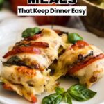 Three baked chicken breasts topped with melted cheese, tomatoes, and basil on a white plate—perfect for easy dinner nights. Discover more one-pan meals and simple dinner recipes to make your evenings delicious and effortless.