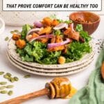 A plate of kale salad topped with roasted sweet potatoes and red onions, surrounded by dressing, seeds, and a honey dipper, with text promoting healthy sweet potato recipes.