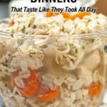 A clear glass bowl filled with chicken soup containing shredded chicken, carrots, and orzo, with text promoting instant pot dinner recipes.