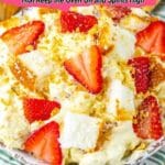 A dessert topped with sliced strawberries and crumbled pieces, served on a patterned plate, with text reading "18 No Bake Treats" and "southernfoodandfun.com.