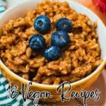 A bowl of oatmeal topped with blueberries sits on a table, with text overlay reading "18 Vegan Recipes That Could Make Anyone a Believer.