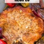 A cooked pork chop surrounded by roasted vegetables on a plate, with text reading "19 Pork Chop Recipes" at the top.