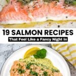 Two images of cooked salmon: one topped with capers and jalapeño slices, the other served on a creamy green sauce with herbs, lemon, and basil. Text reads "19 Salmon Recipes.