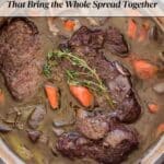 A pot of braised beef with carrots, mushrooms, and herbs, accompanied by text promoting 19 Southern recipes on southernfoodandfun.com.
