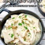 Two black bowls filled with chicken and dumplings topped with chopped parsley, with two black spoons in the background. Text reads: "20 Copycat Recipes That Nail The Restaurant Taste At Home.
