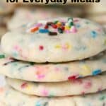 A close-up of a stack of colorful sprinkle cookies with the text "20 Homemade DIY for Everyday Meals" at the top and a Southern recipe website logo at the bottom.