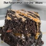 A close-up of a chocolate brownie drizzled with caramel and chocolate sauce on a white plate, with text about brownies on the image.