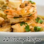 Close-up of cooked shrimp garnished with herbs, with bread in the background. Text overlay reads, "22 Shrimp Recipes That Taste Like the Ocean.