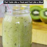 A jar of green kiwi smoothie with a striped straw sits on a table, surrounded by sliced kiwis and a wooden board. Text on the image highlights healthy smoothies and delicious smoothie recipes.