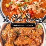 Two dishes of chili: one with shredded chicken, beans, and vegetables in broth; the other with saucy, spiced meat. Text reads "23 Chili Recipes That Bring The Heat.