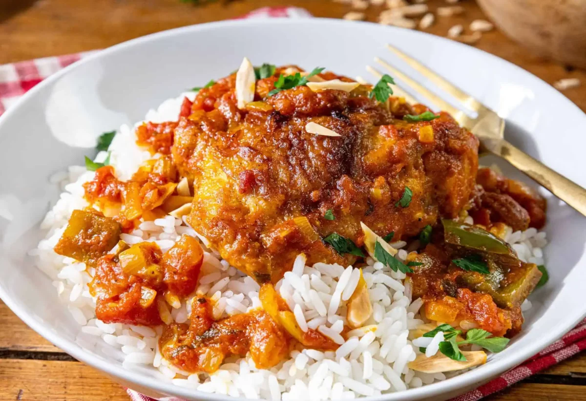 A plate of white rice topped with chicken in a flavorful curry tomato-based sauce, garnished with chopped herbs and sliced almonds, with a gold fork on the side.