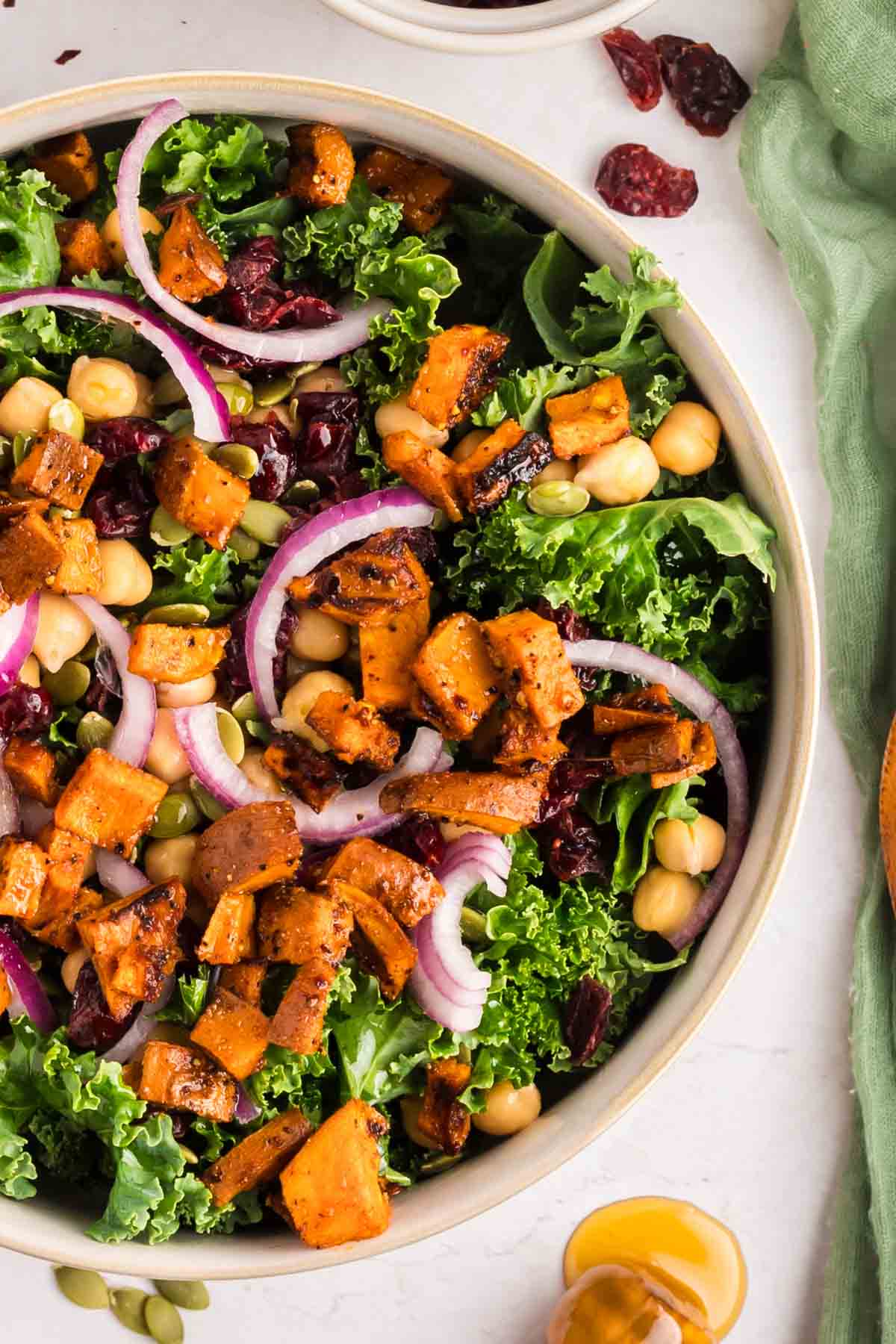 A bowl of salad with kale, roasted sweet potatoes, chickpeas, red onion slices, pumpkin seeds, and dried cranberries.