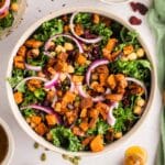 A bowl of salad with kale, roasted sweet potatoes, chickpeas, red onion, dried cranberries, and pumpkin seeds, next to a green napkin, salad dressing, fork, and wooden salad tongs.