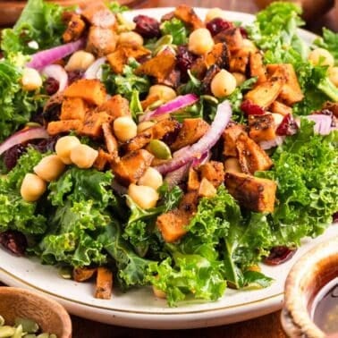 A plate of kale salad topped with roasted sweet potatoes, red onion slices, chickpeas, dried cranberries, and pumpkin seeds.