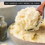 A wooden spoon scoops mashed potatoes from a bowl, with pepper and butter nearby. Text reads, "10 Thanksgiving Side Dishes That Deserve a Spot Beside the Turkey.