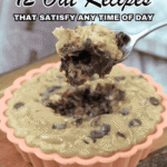 A spoonful of baked oatmeal with chocolate chips is held above a pink silicone baking dish filled with oatmeal, with text promoting 12 oat recipes.