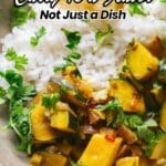 A bowl of white rice and yellow curry with vegetables, garnished with fresh cilantro. Text overlay reads: "12 Recipes That Prove Curry Is a Flavor, Not Just a Dish.