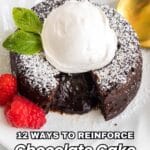 A molten chocolate cake topped with a scoop of vanilla ice cream, garnished with mint and raspberries, on a white plate. Text reads: “12 Ways to Reinforce Chocolate Cake With Flavor.”.