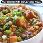 Close-up of a bowl of chili topped with chopped green onions, with text promoting 13 chili recipes and the Southern food website.