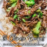 A plate of beef and broccoli stir-fry served over white rice, garnished with green onions, with chopsticks beside the plate. Text reads “13 Chinese Recipes That Bring Wok Heat and Flavor Harmony.”.